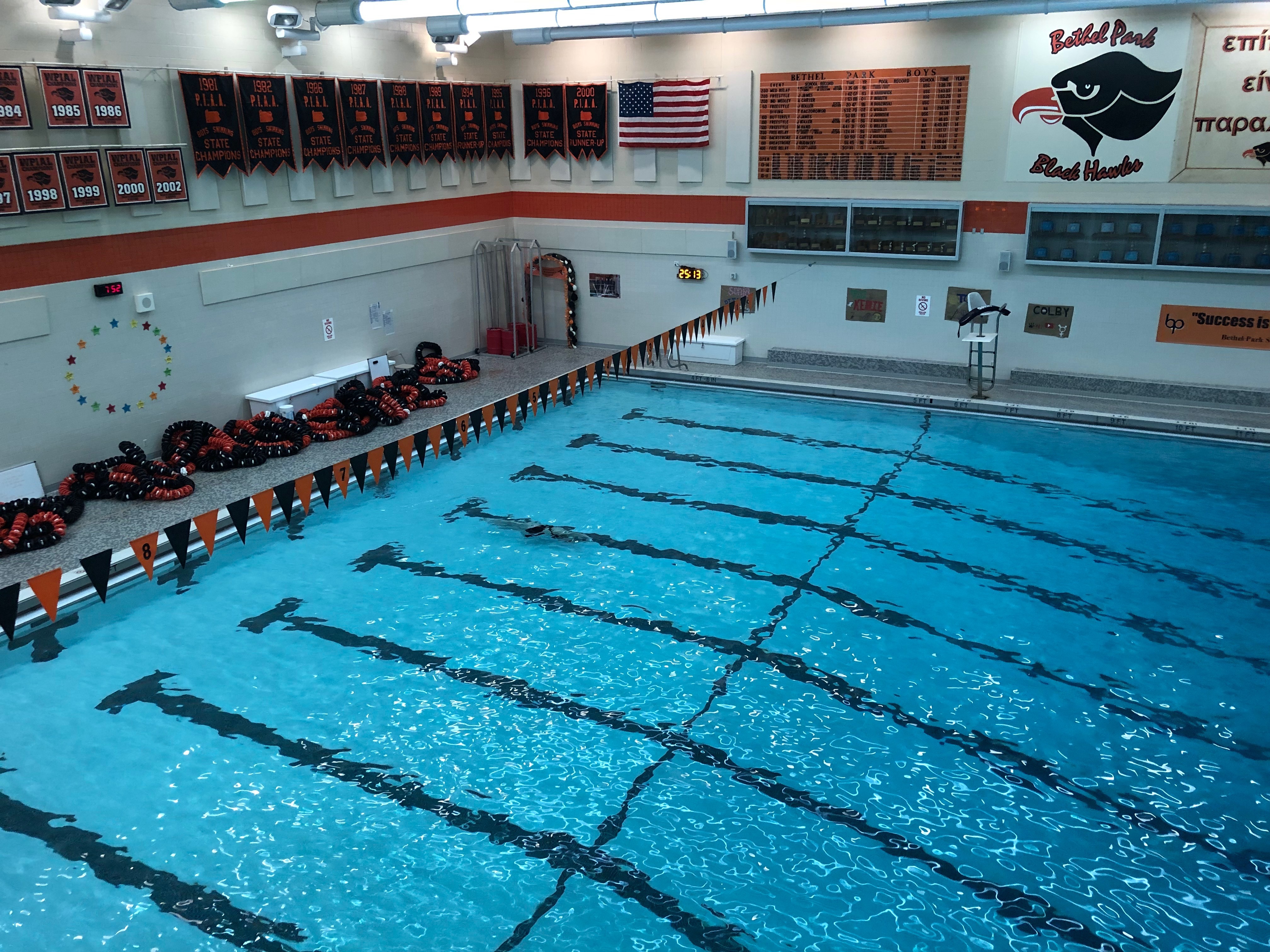 8 lane pool viewed from balcony at BP high school
