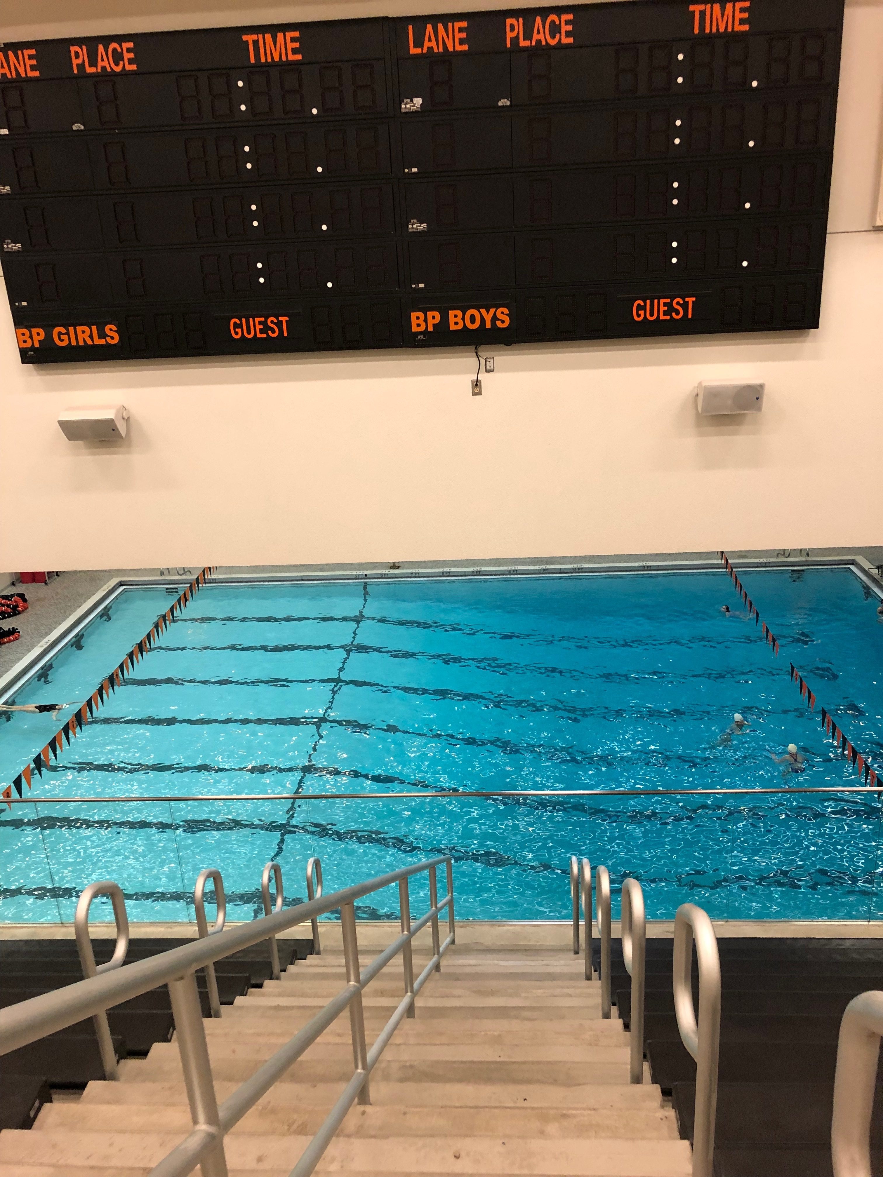 Extra scoreboard for fans to view the results from the balcony at the pool at Bethel Park High School.