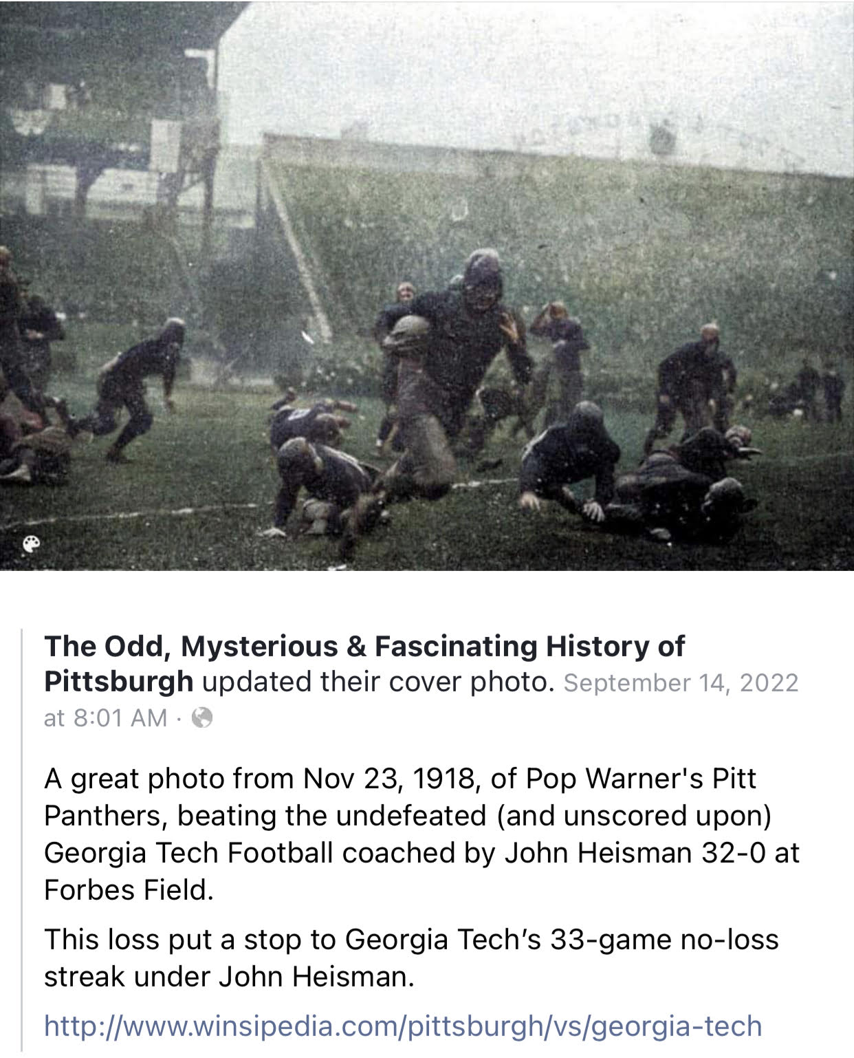 Football play at Forbes Field, 1918, with Georgia Tech's John Heisman's team vs. Pop Warner's Pitt Panthers.